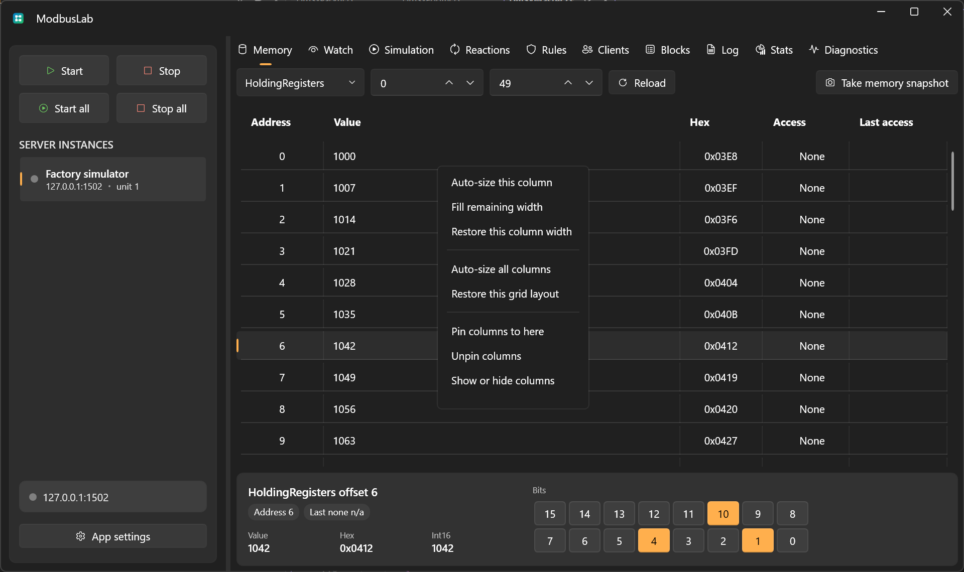 Grid header menu