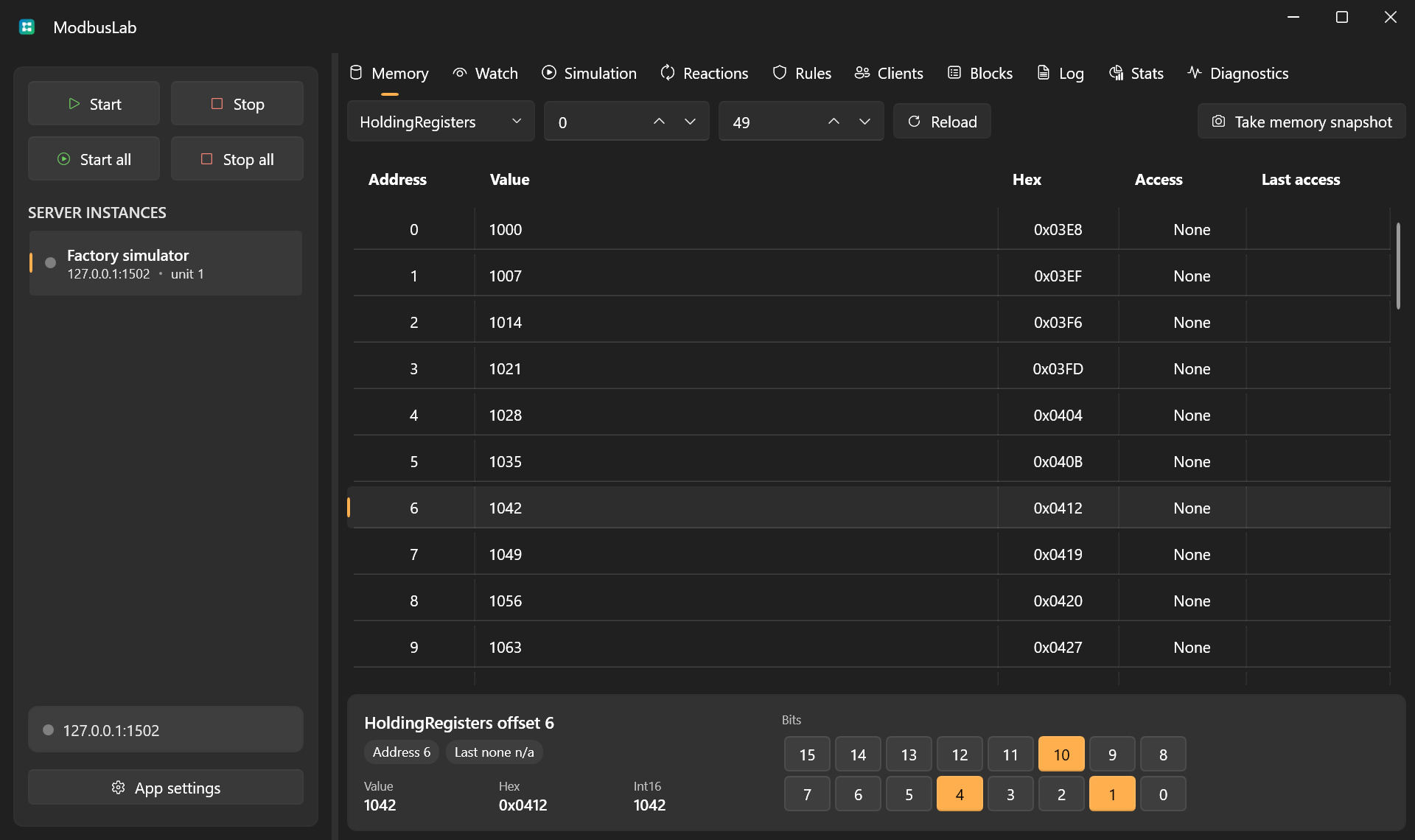 ModbusLab memory view