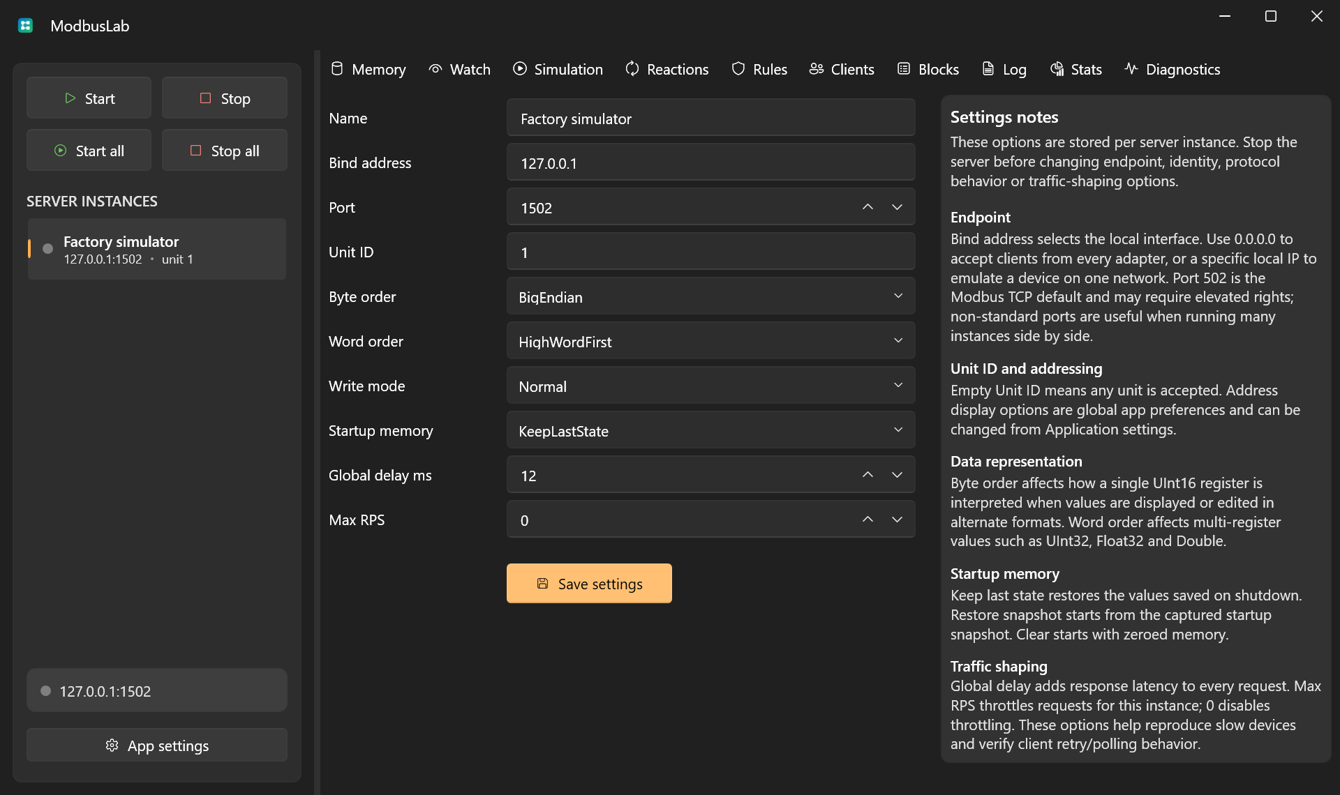 Settings view