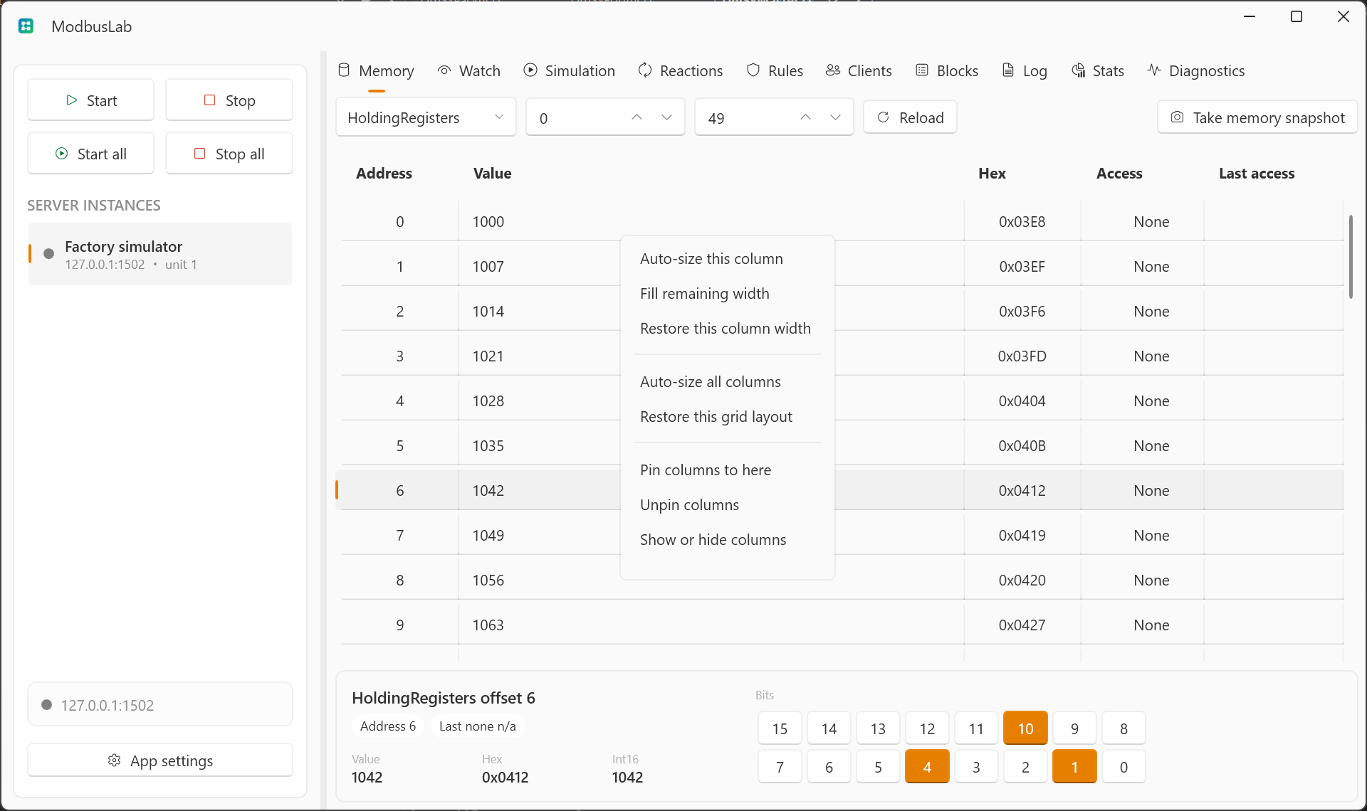 Grid header menu