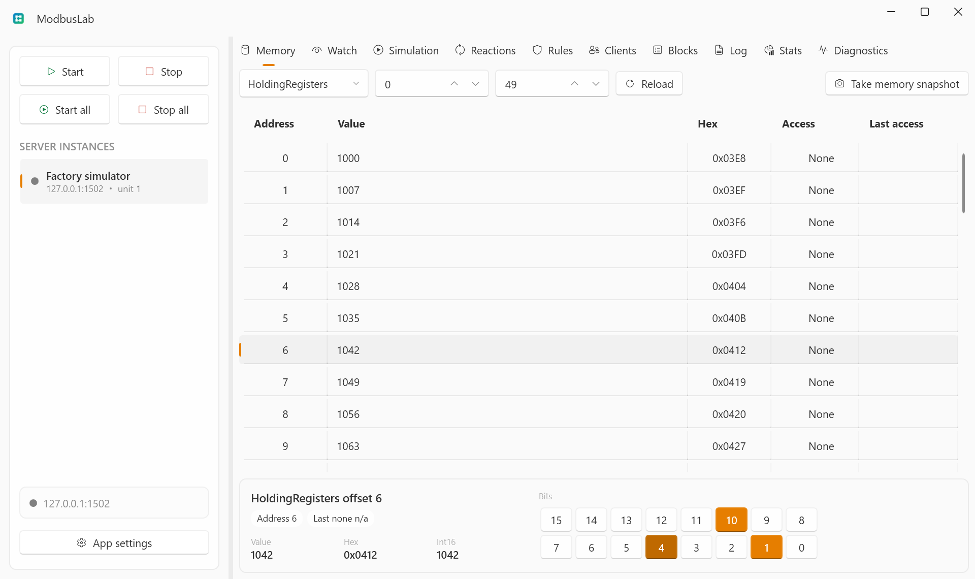 ModbusLab memory view