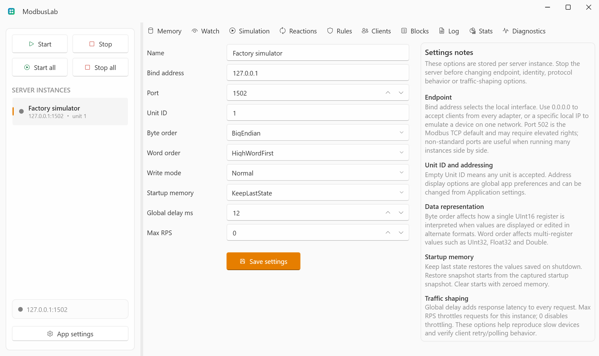 Settings view